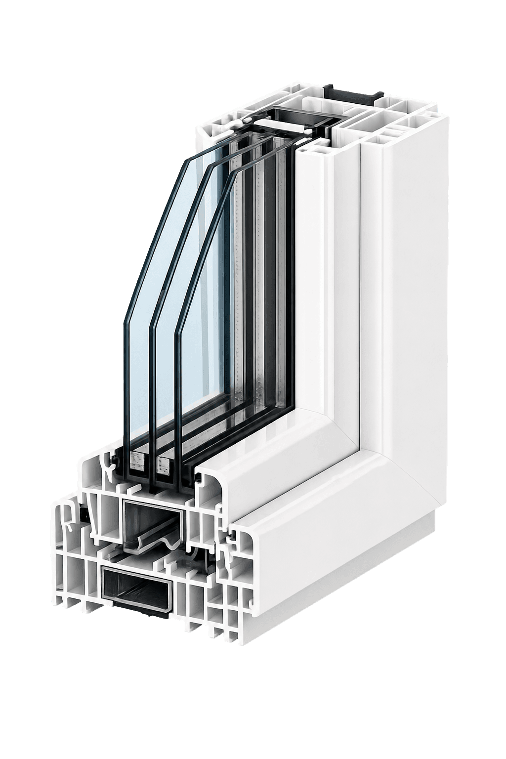 Technical cutaway of a multi-chamber PVC window with triple glazing